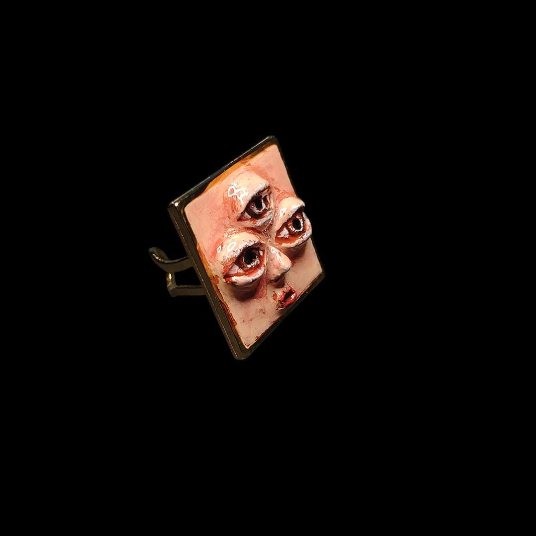 Third Eye Ring – Handmade Clay & Resin Surreal Face Jewelry, Mystical Sculptural Statement Art on Adjustable Stainless Steel Band