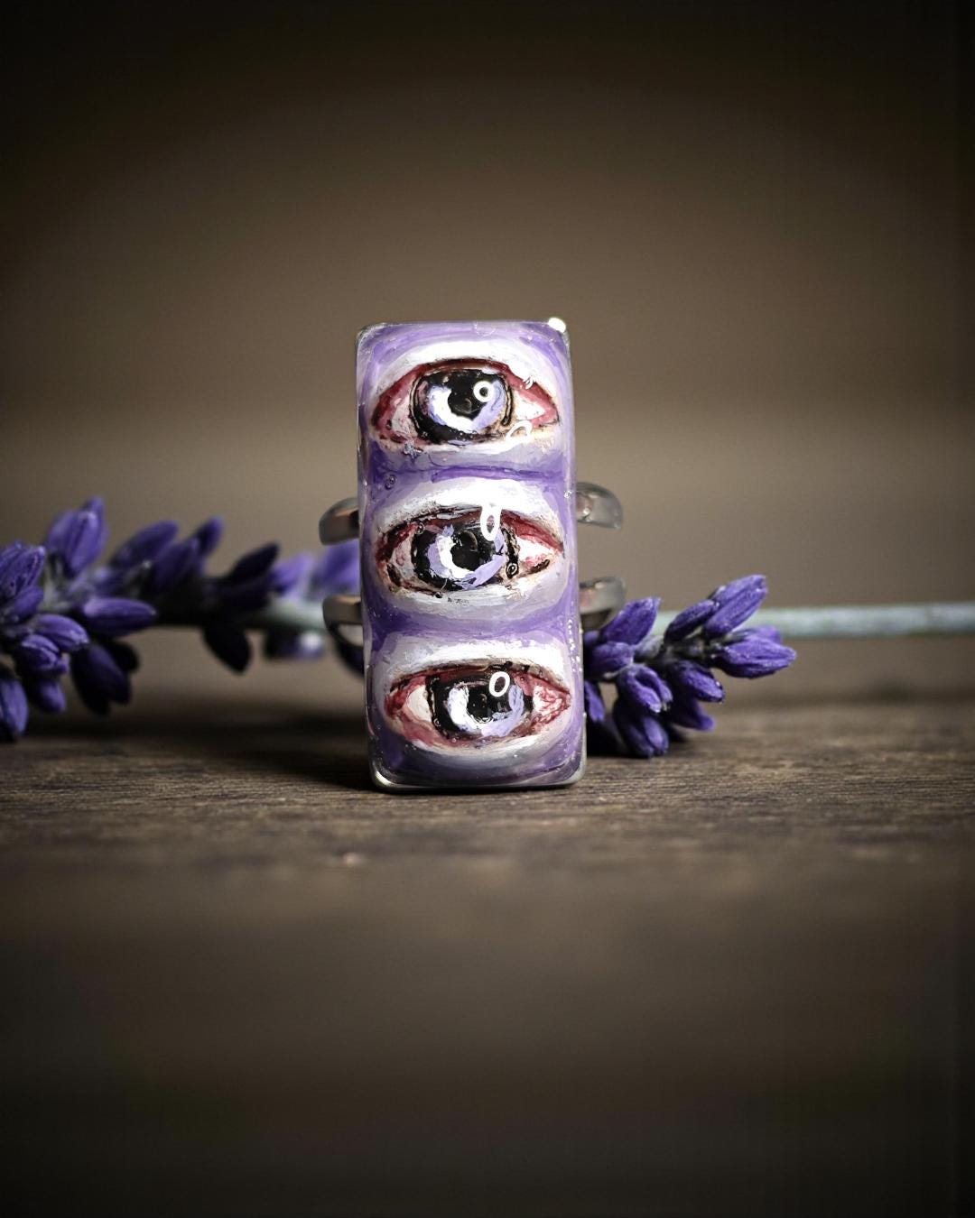 Three Eyes Purple Ring – Handmade Clay & Resin Surreal Statement Jewelry, Sculptural Fantasy Wearable Art with Adjustable Stainless Steel Ba