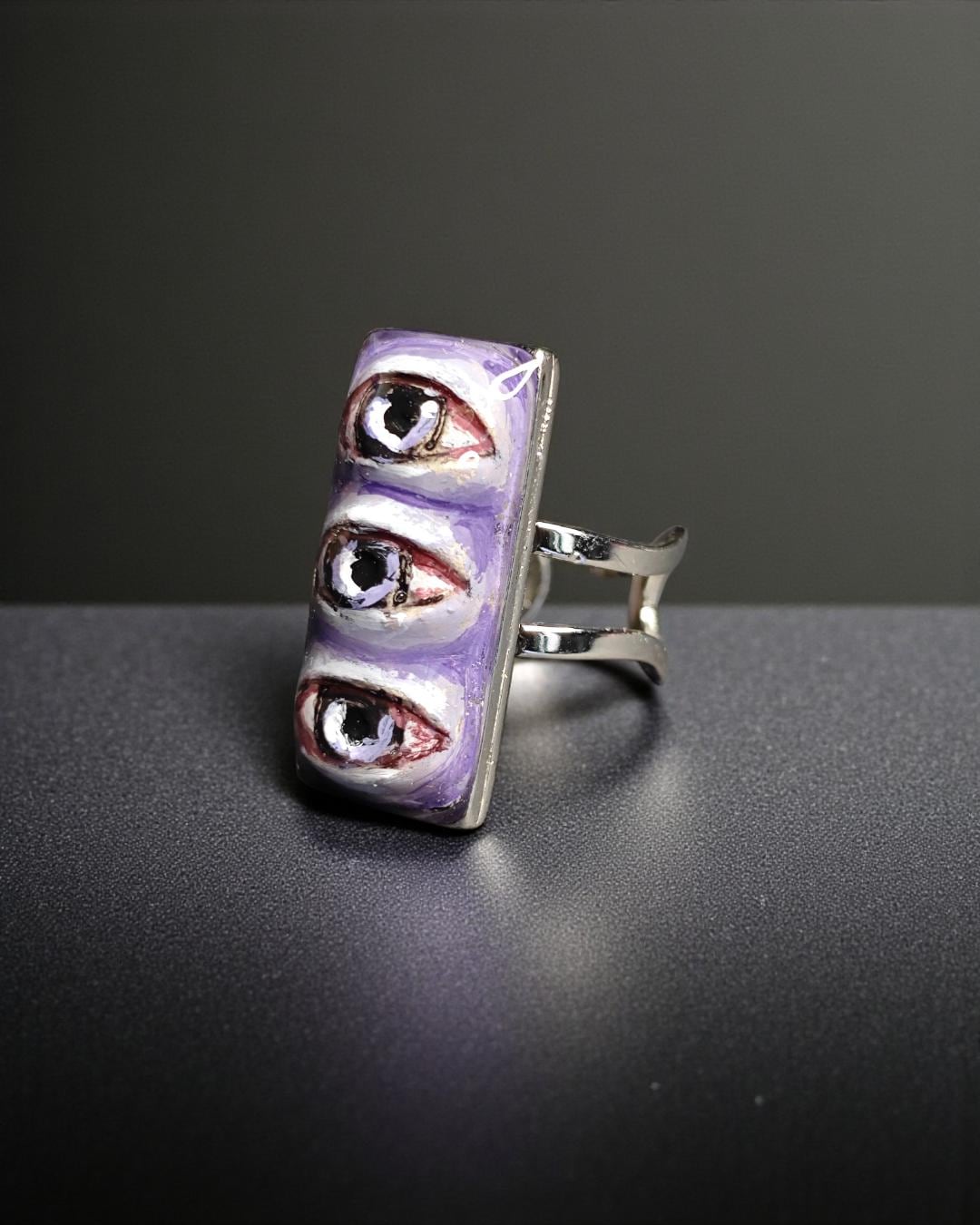 Three Eyes Purple Ring – Handmade Clay & Resin Surreal Statement Jewelry, Sculptural Fantasy Wearable Art with Adjustable Stainless Steel Ba