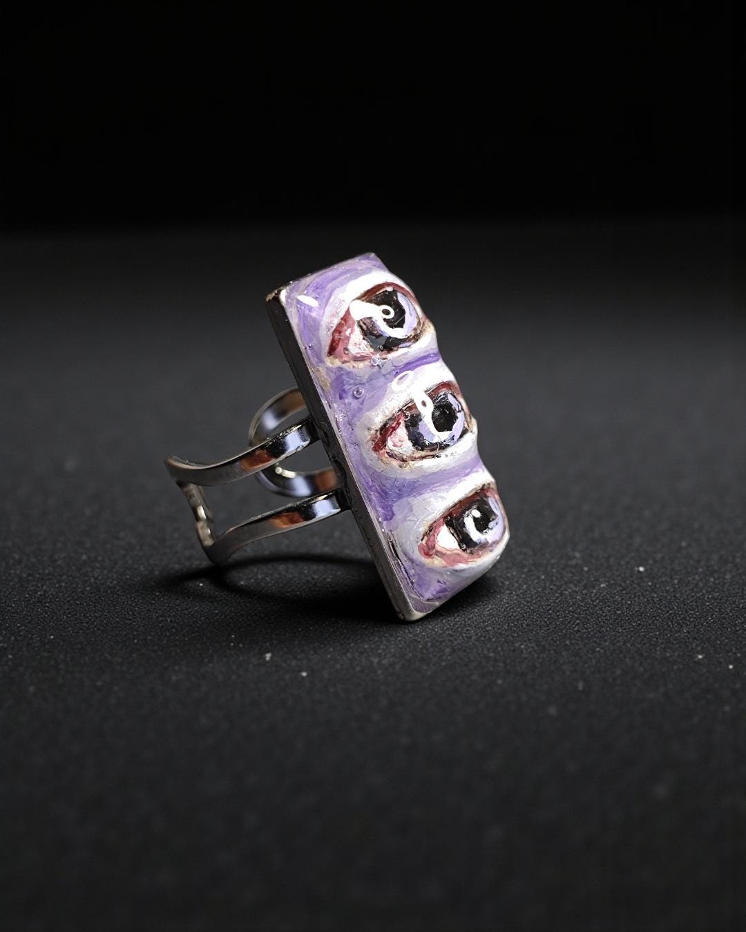 Three Eyes Purple Ring – Handmade Clay & Resin Surreal Statement Jewelry, Sculptural Fantasy Wearable Art with Adjustable Stainless Steel Ba