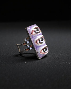 Three Eyes Purple Ring – Handmade Clay & Resin Surreal Statement Jewelry, Sculptural Fantasy Wearable Art with Adjustable Stainless Steel Ba
