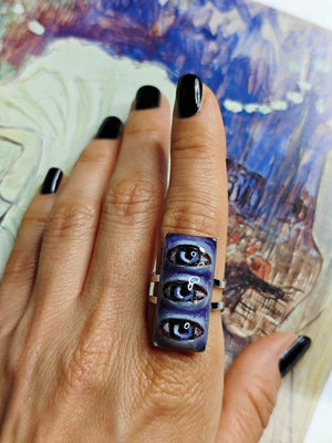 Three Eyes Purple Ring – Handmade Clay & Resin Surreal Statement Jewelry, Sculptural Fantasy Wearable Art with Adjustable Stainless Steel Ba
