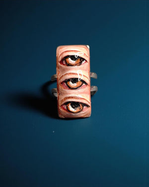 Three Eyes Ring – Handmade Clay & Resin Surreal Statement Jewelry, Sculptural Fantasy Wearable Art with Adjustable Stainless Steel Band