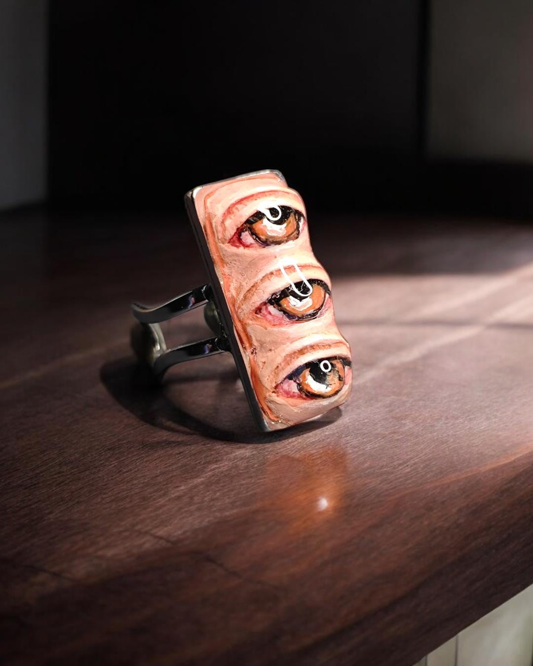 Three Eyes Ring – Handmade Clay & Resin Surreal Statement Jewelry, Sculptural Fantasy Wearable Art with Adjustable Stainless Steel Band