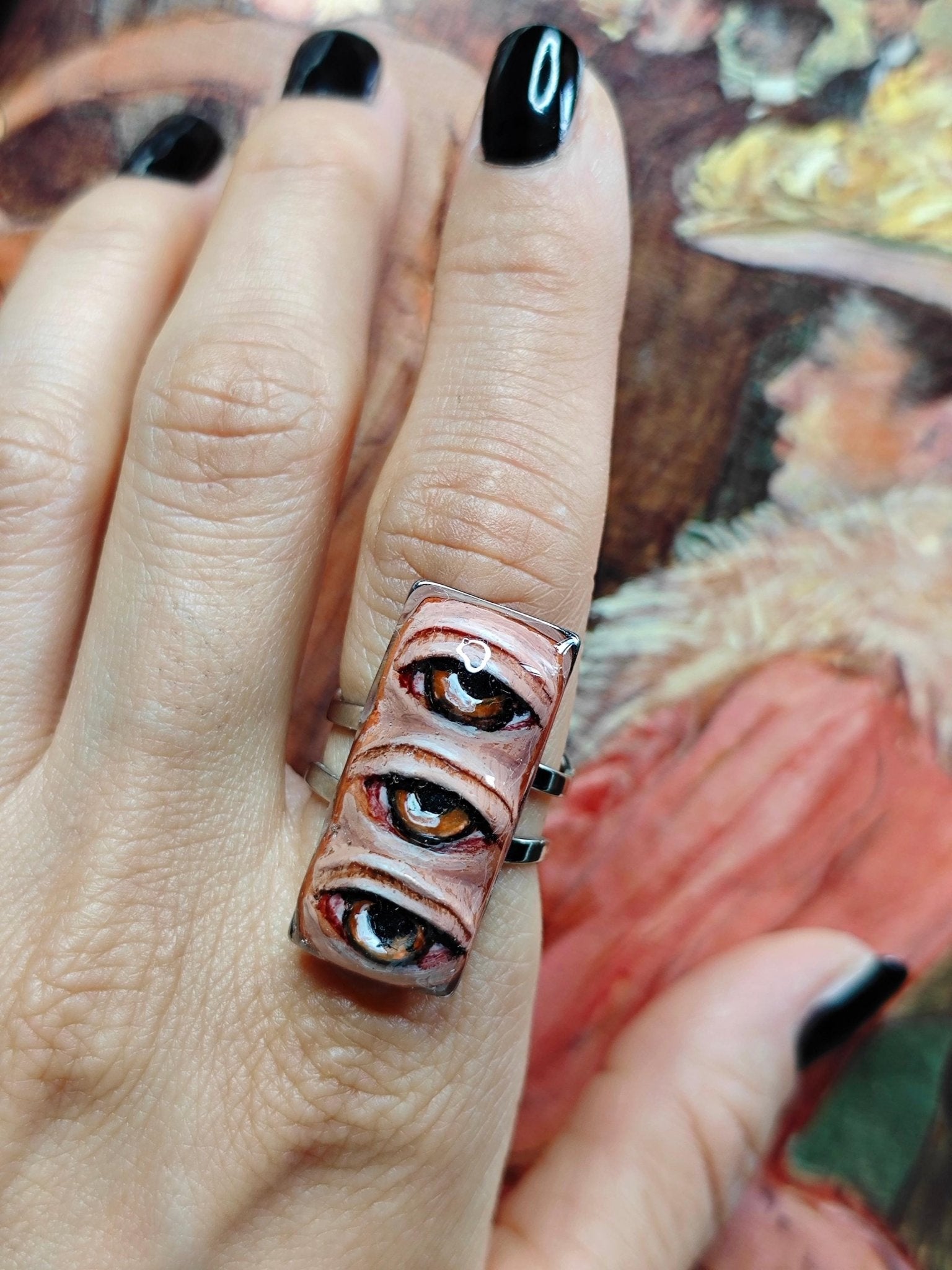 Three Eyes Ring – Handmade Clay & Resin Surreal Statement Jewelry, Sculptural Fantasy Wearable Art with Adjustable Stainless Steel Band