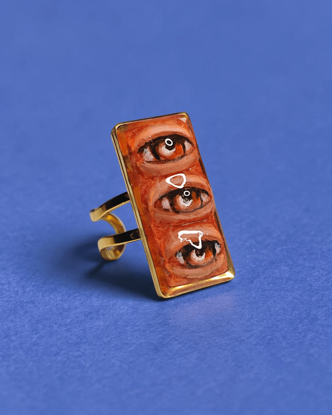 Three Eyes Ring – Handmade Clay & Resin Surreal Statement Jewelry with Adjustable Stainless Steel Band - SAMA