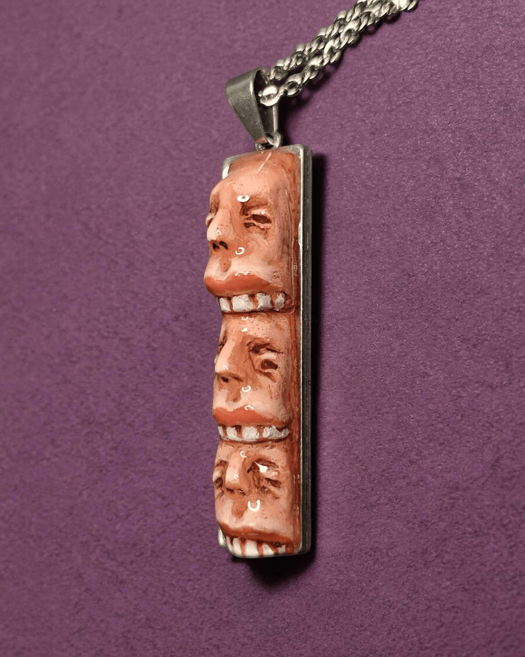 Three Faces Eating Each Other Necklace – Handmade Clay & Resin Surreal Statement Jewelry, Sculptural Fantasy Wearable Art with Stainless Steel Chain / Pendant - SAMA