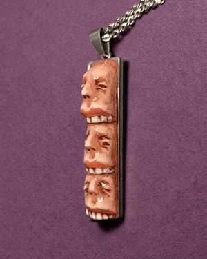 Three Faces Eating Each Other Necklace – Handmade Clay & Resin Surreal Statement Jewelry, Sculptural Fantasy Wearable Art with Stainless Steel Chain / Pendant - SAMA
