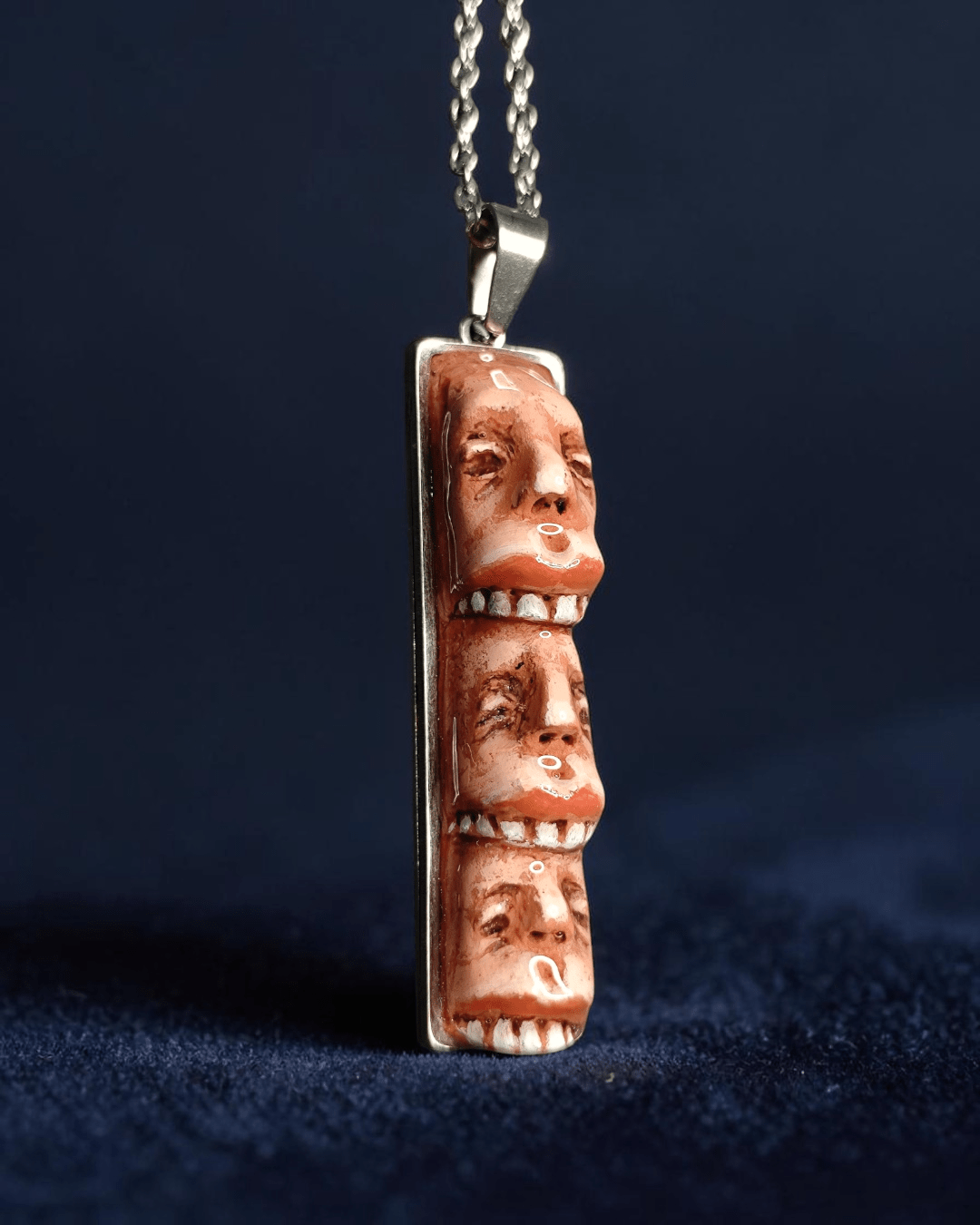 Three Faces Eating Each Other Necklace – Handmade Clay & Resin Surreal Statement Jewelry, Sculptural Fantasy Wearable Art with Stainless Steel Chain / Pendant - SAMA
