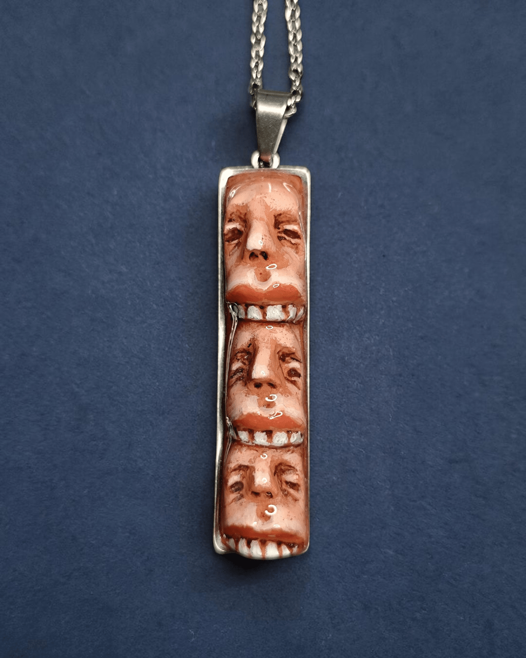 Three Faces Eating Each Other Necklace – Handmade Clay & Resin Surreal Statement Jewelry, Sculptural Fantasy Wearable Art with Stainless Steel Chain / Pendant - SAMA
