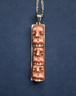 Three Faces Eating Each Other Necklace – Handmade Clay & Resin Surreal Statement Jewelry, Sculptural Fantasy Wearable Art with Stainless Steel Chain / Pendant - SAMA