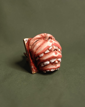 Three Faces Eating Each Other Ring – Handmade Clay & Resin Surreal Statement Jewelry with Adjustable Stainless Steel Band - SAMA