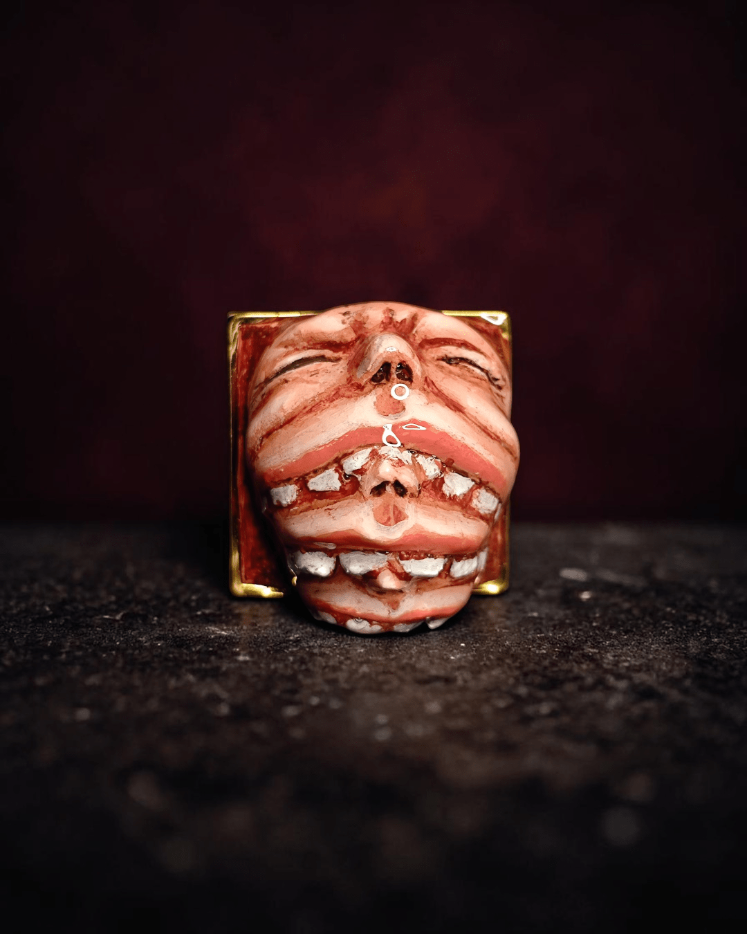 Three Faces Eating Each Other Ring – Handmade Clay & Resin Surreal Statement Jewelry with Adjustable Stainless Steel Band - SAMA