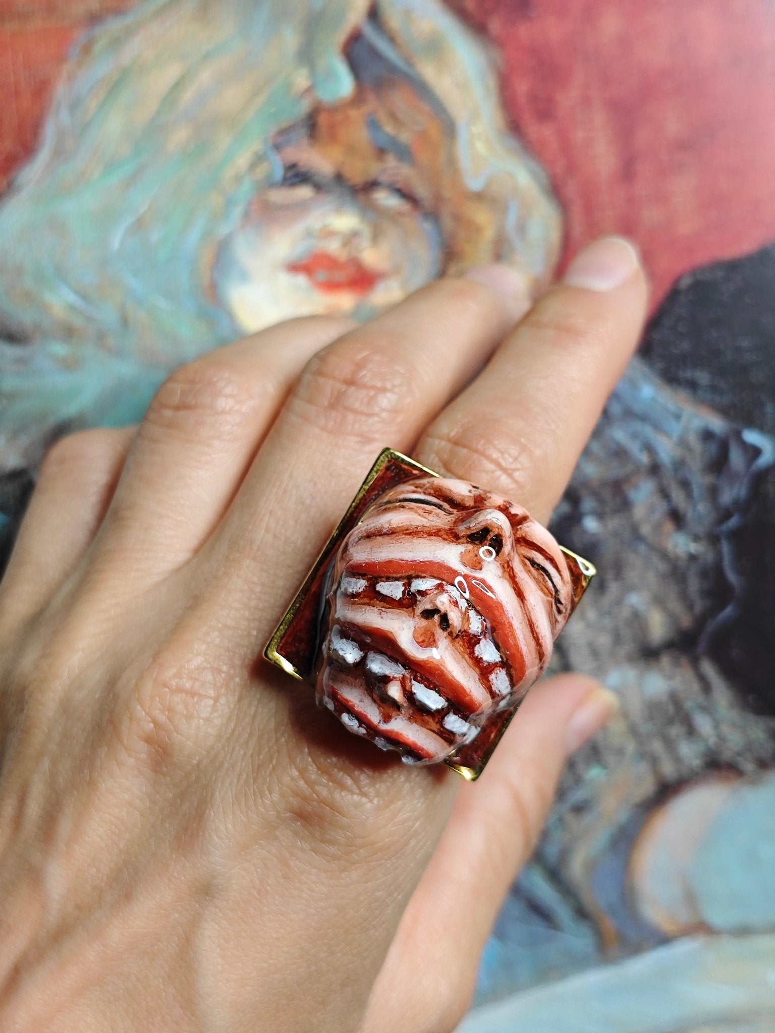 Three Faces Eating Each Other Ring – Handmade Clay & Resin Surreal Statement Jewelry with Adjustable Stainless Steel Band - SAMA