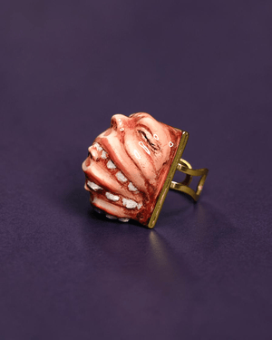 Three Faces Eating Each Other Ring – Handmade Clay & Resin Surreal Statement Jewelry with Adjustable Stainless Steel Band - SAMA