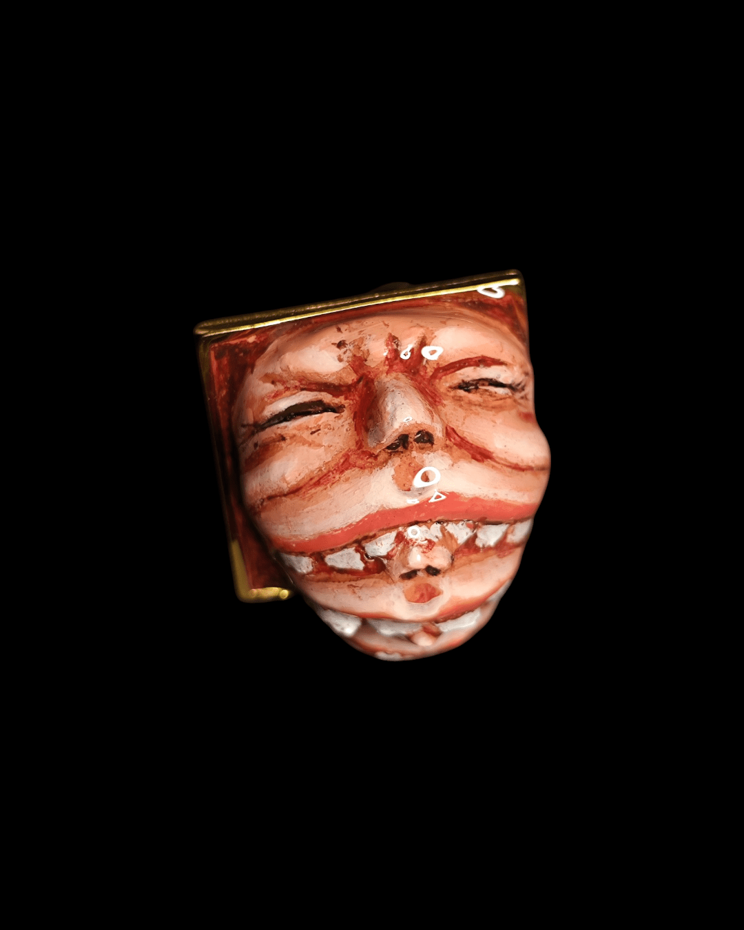 Three Faces Eating Each Other Ring – Handmade Clay & Resin Surreal Statement Jewelry with Adjustable Stainless Steel Band - SAMA
