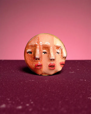 Three Faces Half Ring – Handmade Clay & Resin Surreal Statement Jewelry, Sculptural Fantasy Wearable Art with Adjustable Stainless Steel Ban