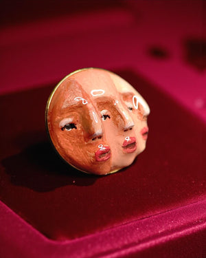 Three Faces Half Ring – Handmade Clay & Resin Surreal Statement Jewelry, Sculptural Fantasy Wearable Art with Adjustable Stainless Steel Ban