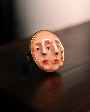 Three Faces Ring – Handmade Clay & Resin Surreal Statement Jewelry, Sculptural Fantasy Wearable Art with Adjustable Stainless Steel Band
