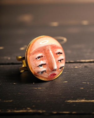Three Pairs of Eyes Ring – Handmade Clay & Resin Surreal Statement Jewelry, Sculptural Fantasy Wearable Art with Adjustable Stainless Steel