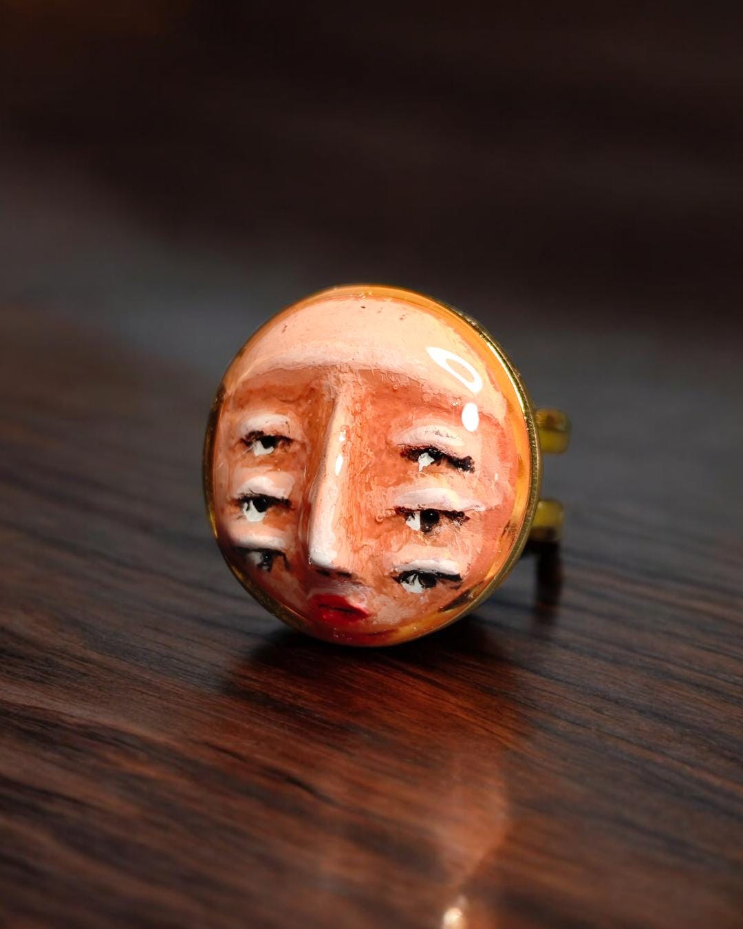 Three Pairs of Eyes Ring – Handmade Clay & Resin Surreal Statement Jewelry, Sculptural Fantasy Wearable Art with Adjustable Stainless Steel