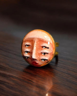Three Pairs of Eyes Ring – Handmade Clay & Resin Surreal Statement Jewelry, Sculptural Fantasy Wearable Art with Adjustable Stainless Steel