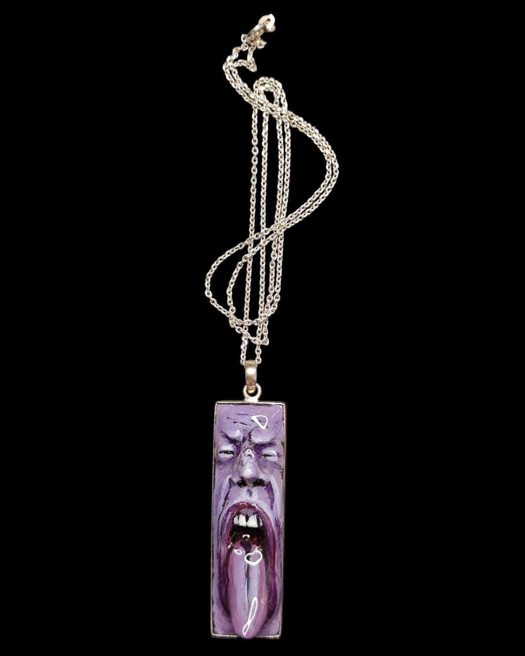 Tongue Out Face Necklace – Handmade Clay & Resin Surreal Statement Jewelry, Purple Sculptural Wearable Art with Sterling Silver S925 Pendant