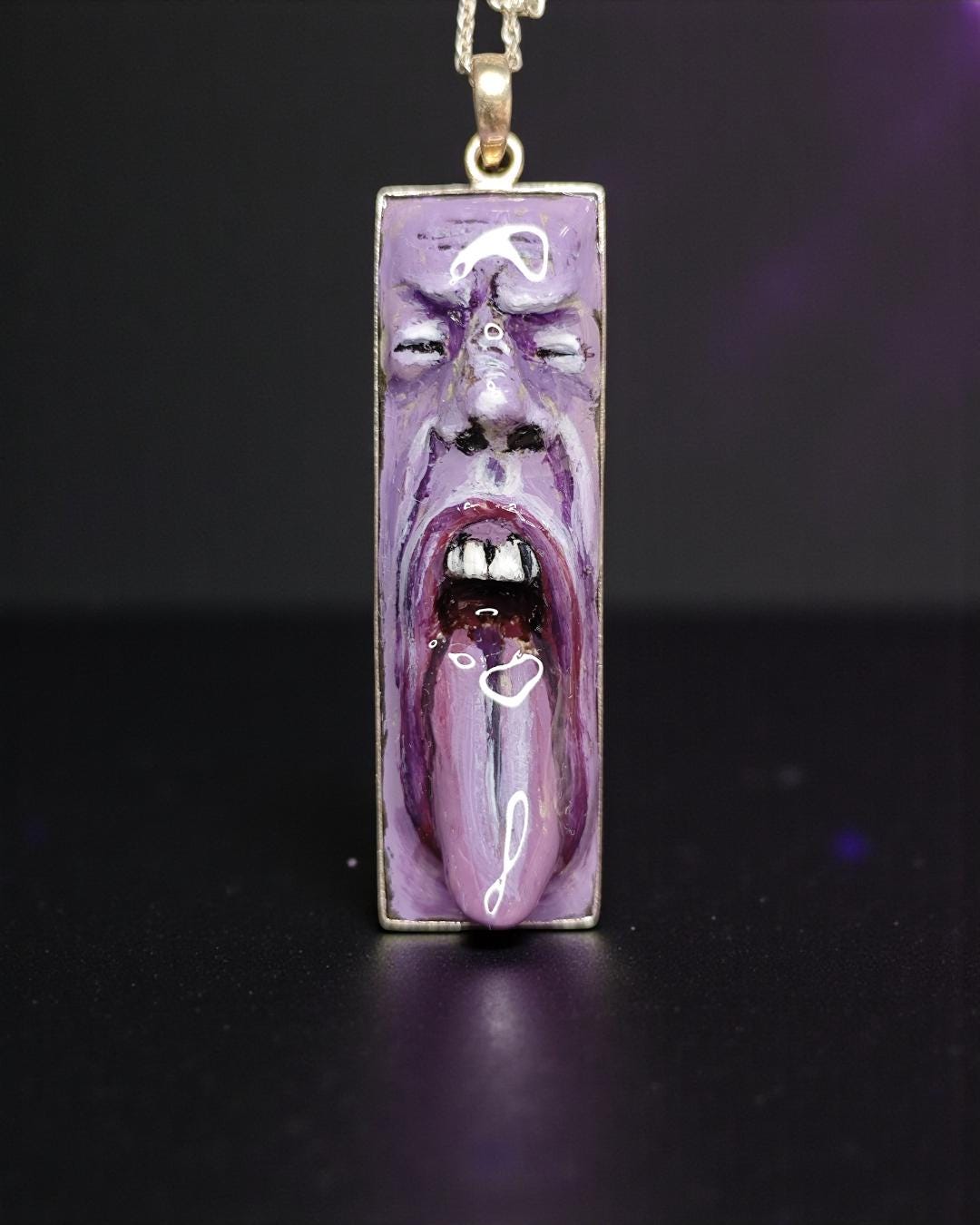 Tongue Out Face Necklace – Handmade Clay & Resin Surreal Statement Jewelry, Purple Sculptural Wearable Art with Sterling Silver S925 Pendant