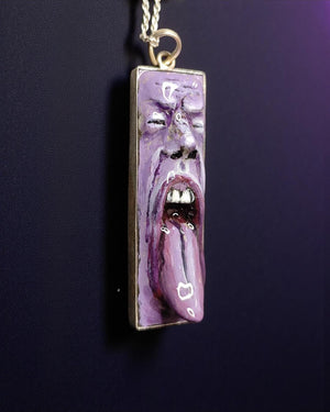 Tongue Out Face Necklace – Handmade Clay & Resin Surreal Statement Jewelry, Purple Sculptural Wearable Art with Sterling Silver S925 Pendant
