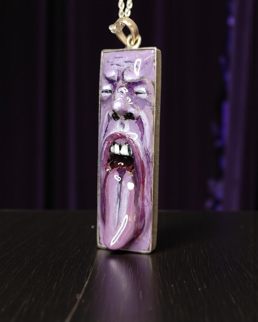 Tongue Out Face Necklace – Handmade Clay & Resin Surreal Statement Jewelry, Purple Sculptural Wearable Art with Sterling Silver S925 Pendant