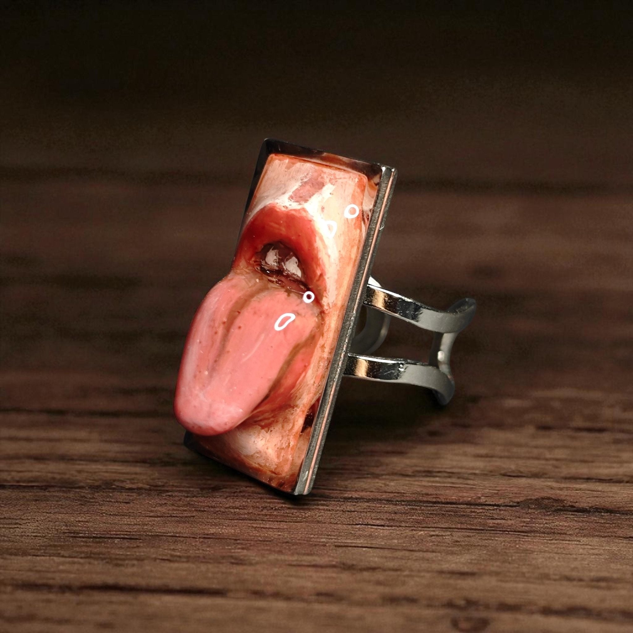 Tongue Out Face Ring – Handmade Clay & Resin Dark Surreal Statement Jewelry, Sculptural Wearable Art on Adjustable Stainless Steel Band