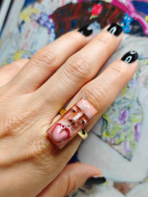 Tongue Out Face Ring – Handmade Clay & Resin Surreal Statement Jewelry, Sculptural Wearable Art with Sterling Silver S925 Band