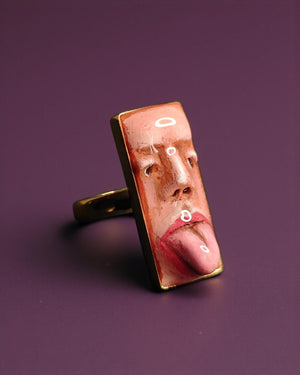 Tongue Out Face Ring – Handmade Clay & Resin Surreal Statement Jewelry, Sculptural Wearable Art with Sterling Silver S925 Band