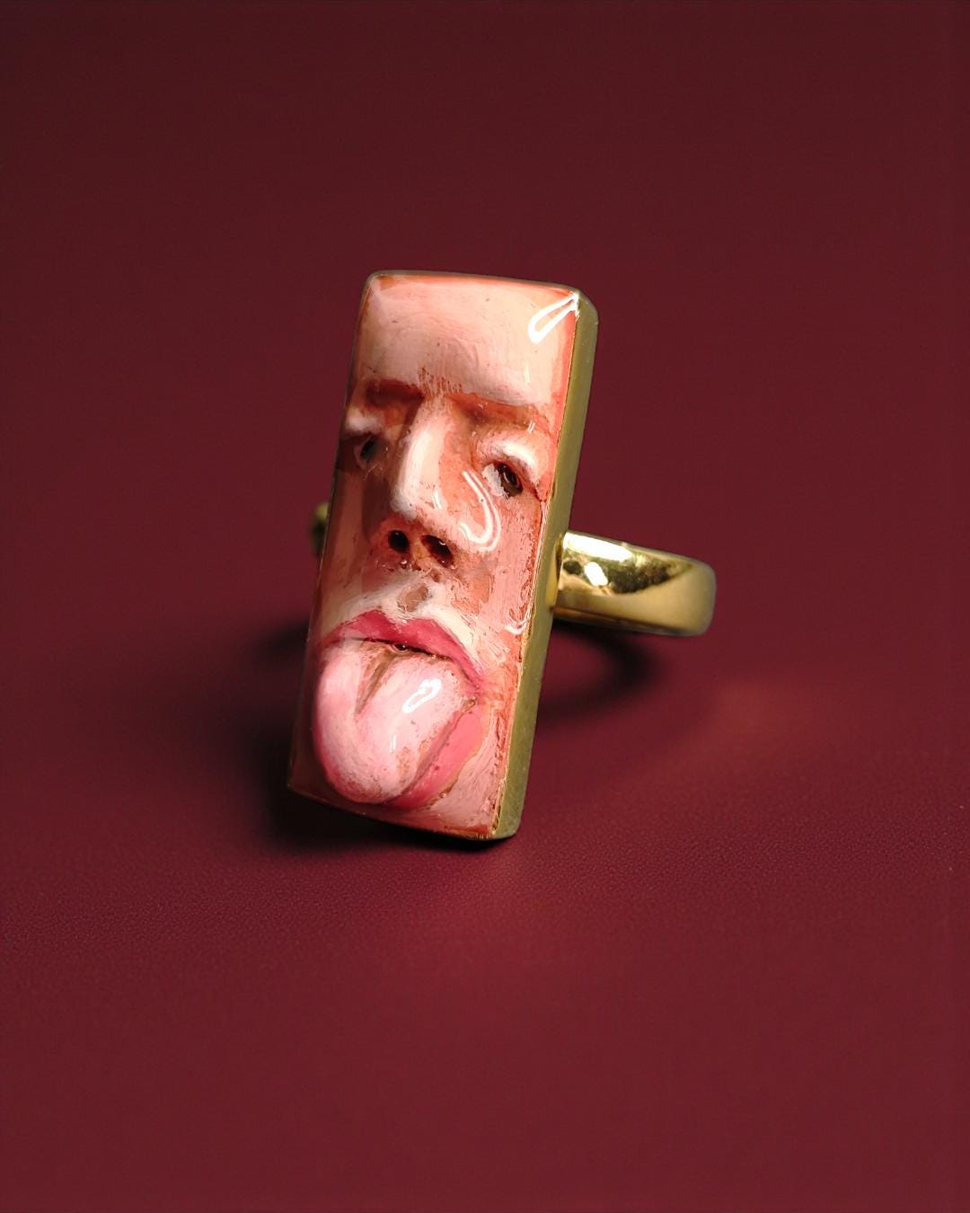 Tongue Out Face Ring – Handmade Clay & Resin Surreal Statement Jewelry, Sculptural Wearable Art with Sterling Silver S925 Band