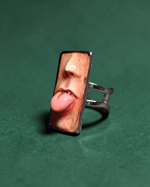 Tongue Out Ring – Handmade Clay & Resin Surreal Statement Jewelry, Sculptural Fantasy Wearable Art with Adjustable Stainless Steel Band - SAMA