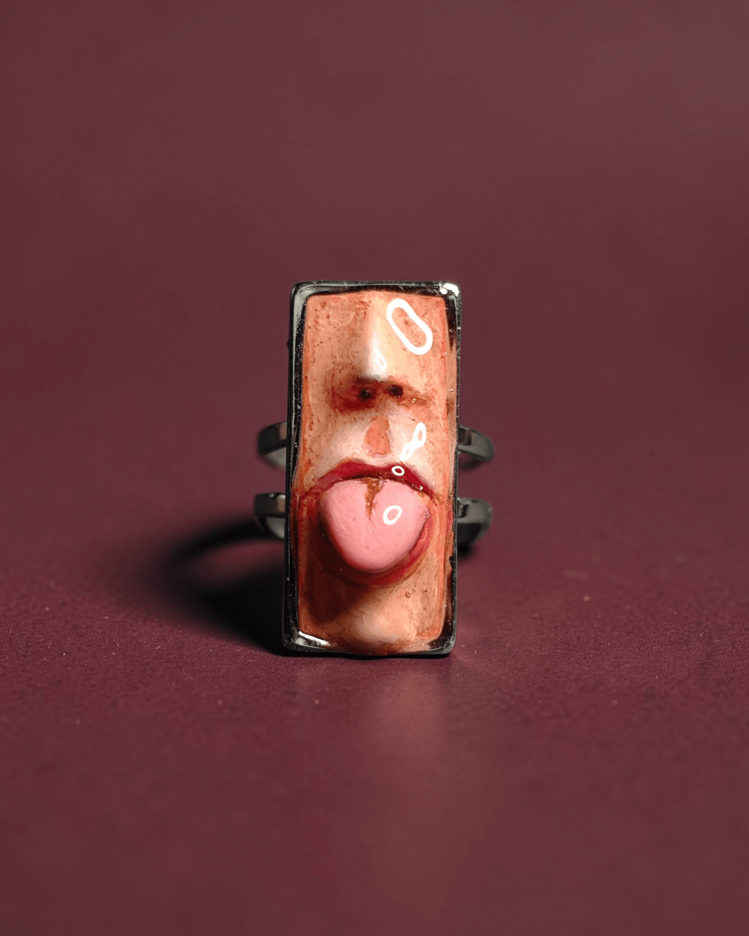 Tongue Out Ring – Handmade Clay & Resin Surreal Statement Jewelry, Sculptural Fantasy Wearable Art with Adjustable Stainless Steel Band - SAMA