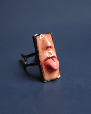 Tongue Out Ring – Handmade Clay & Resin Surreal Statement Jewelry, Sculptural Fantasy Wearable Art with Adjustable Stainless Steel Band - SAMA