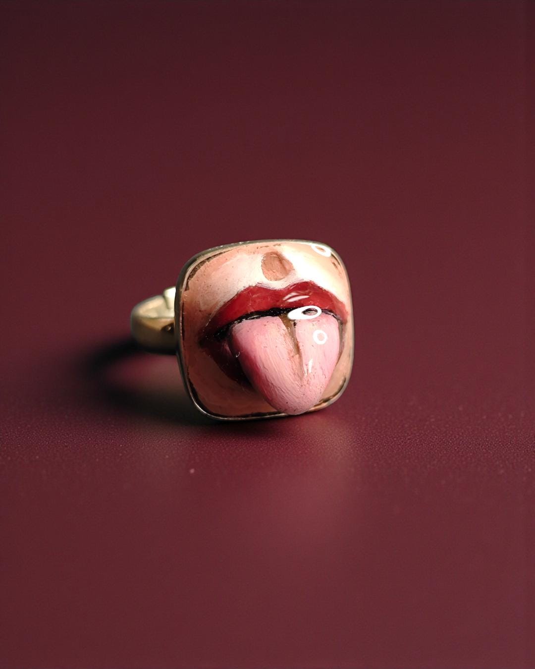 Tongue Out Ring – Handmade Clay & Resin Surreal Statement Jewelry, Sculptural Fantasy Wearable Art with Sterling Silver S925 Band