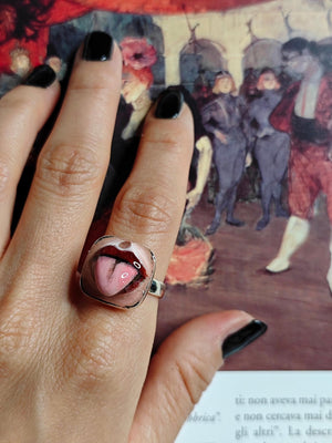 Tongue Out Ring – Handmade Clay & Resin Surreal Statement Jewelry, Sculptural Fantasy Wearable Art with Sterling Silver S925 Band