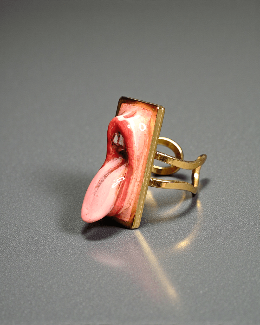 Tongue Out Ring – Handmade Clay & Resin Surreal Statement Jewelry with Adjustable Stainless Steel Band - SAMA