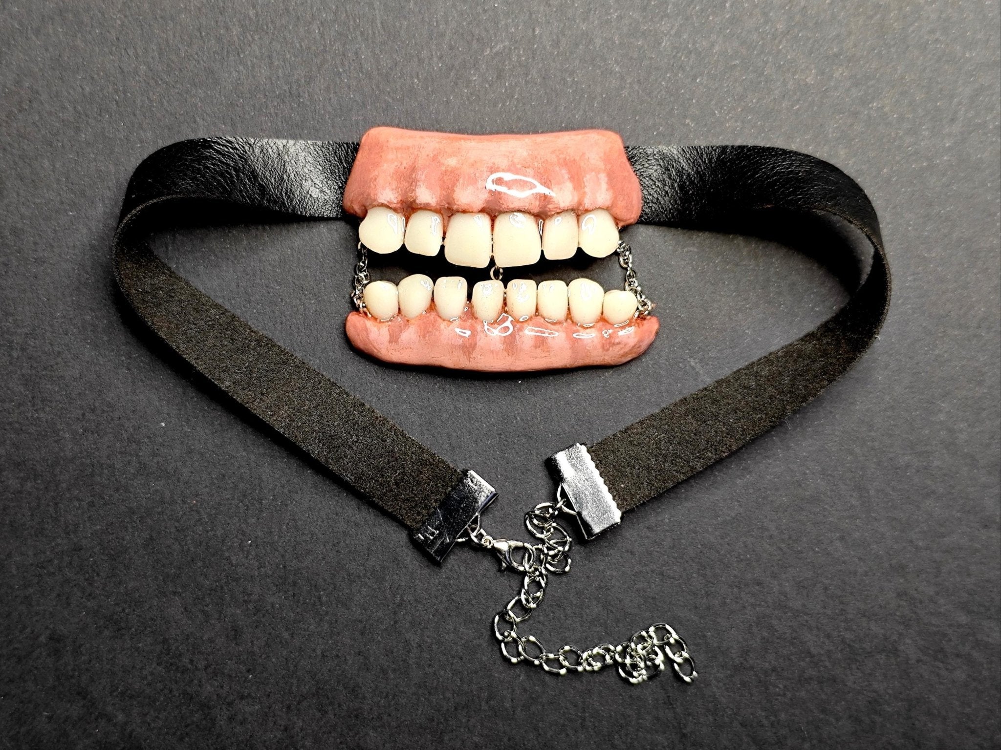 Tooth & Jaw Choker – Handmade Clay and Resin Surreal Statement Jewelry, Sculptural Dark Fantasy Wearable Art with Adjustable Band OOAK