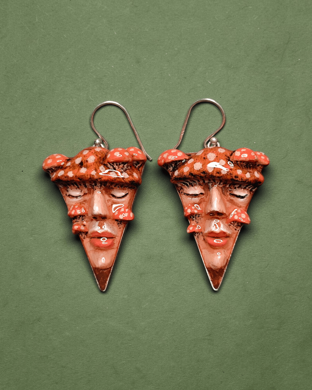 Triangle Earrings with Mushroom Sprouting from Face – Handmade Clay & Resin Surreal Statement Jewelry, Sculptural Wearable Art with Sterling Silver S925 Hooks - SAMA