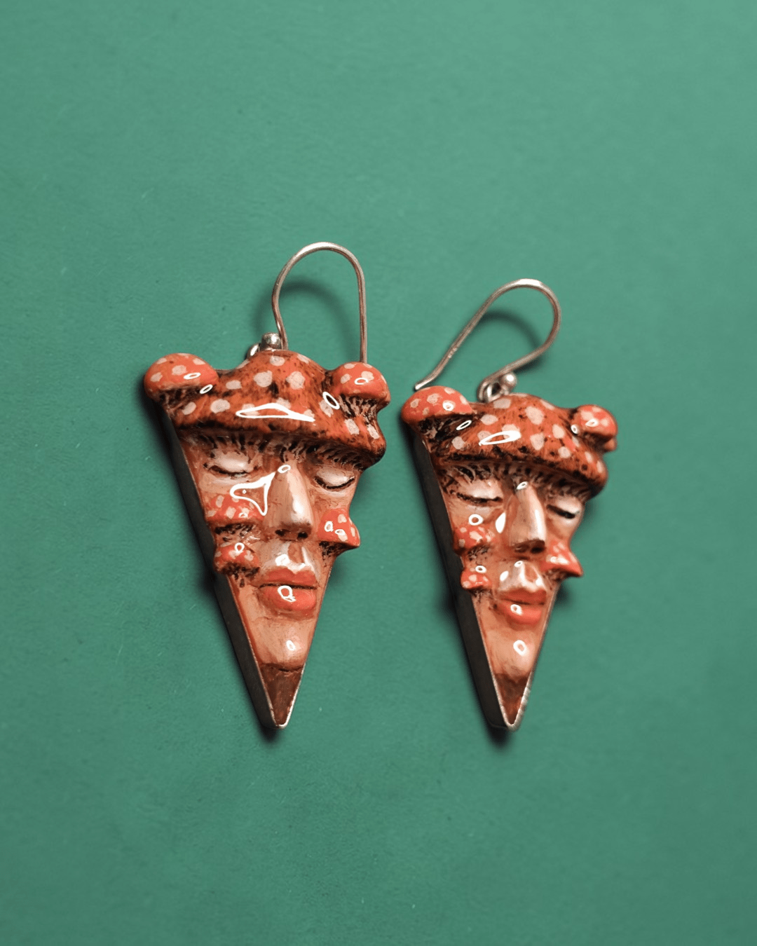 Triangle Earrings with Mushroom Sprouting from Face – Handmade Clay & Resin Surreal Statement Jewelry, Sculptural Wearable Art with Sterling Silver S925 Hooks - SAMA