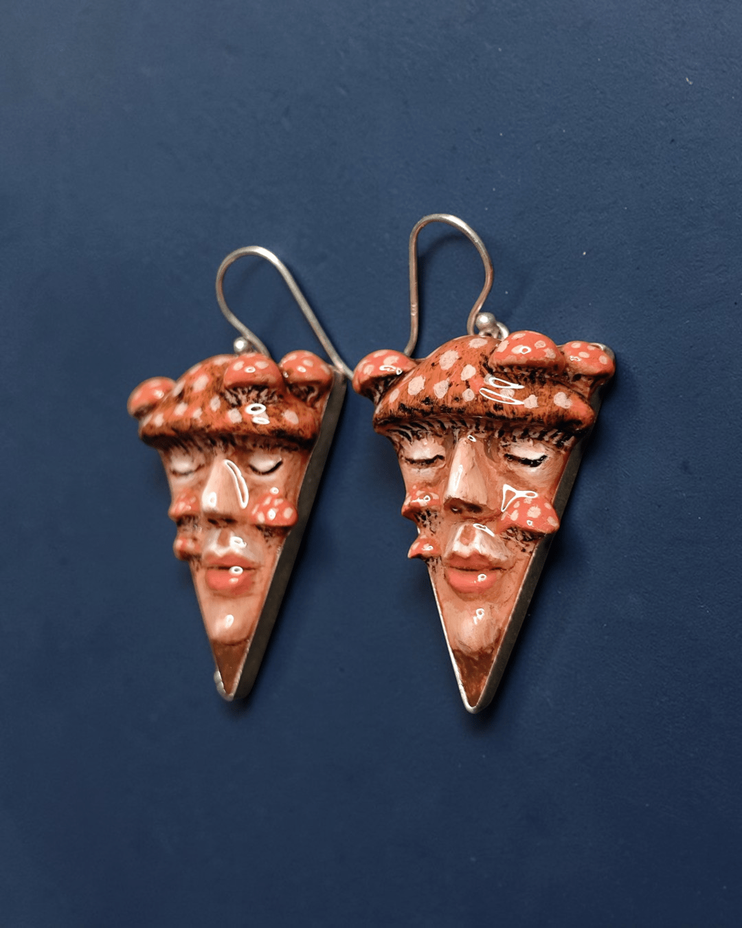 Triangle Earrings with Mushroom Sprouting from Face – Handmade Clay & Resin Surreal Statement Jewelry, Sculptural Wearable Art with Sterling Silver S925 Hooks - SAMA
