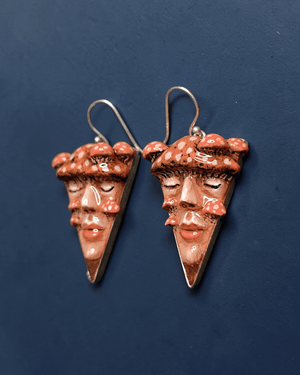 Triangle Earrings with Mushroom Sprouting from Face – Handmade Clay & Resin Surreal Statement Jewelry, Sculptural Wearable Art with Sterling Silver S925 Hooks - SAMA