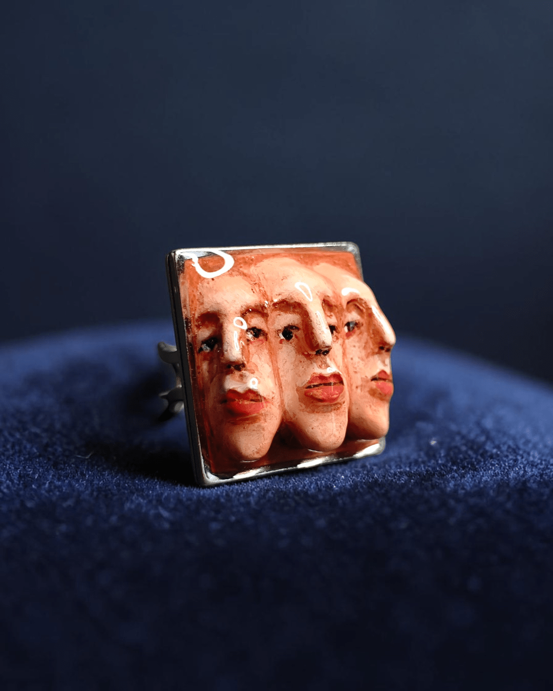 Triple Face Ring – Handmade Clay & Resin Surreal Statement Jewelry with Adjustable Stainless Steel Band - SAMA