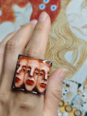 Triple Face Ring – Handmade Clay & Resin Surreal Statement Jewelry with Adjustable Stainless Steel Band - SAMA