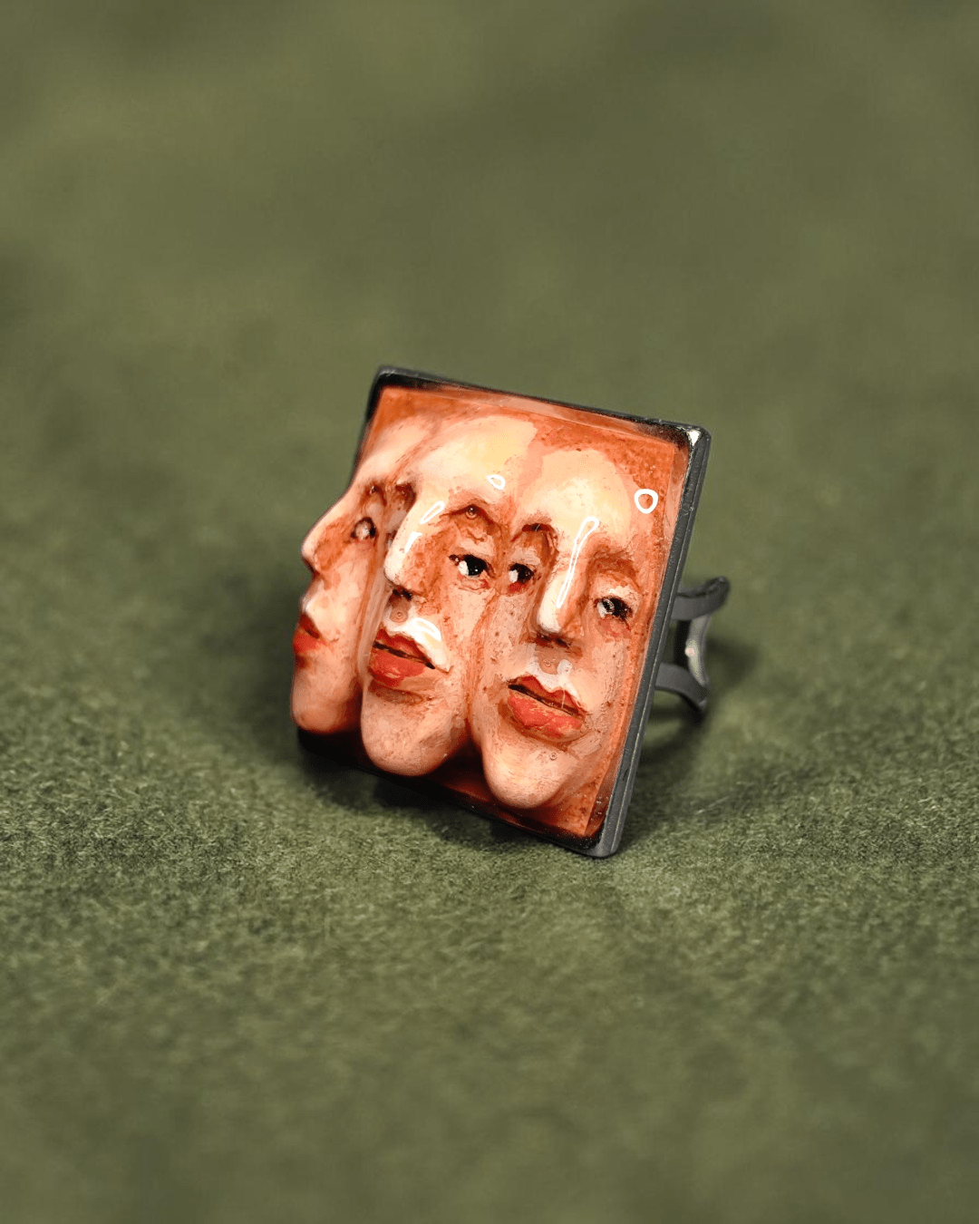Triple Face Ring – Handmade Clay & Resin Surreal Statement Jewelry with Adjustable Stainless Steel Band - SAMA