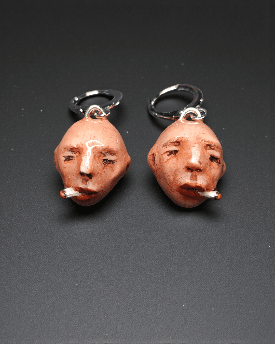 Twins Smoking Cigar Earrings – Handmade Clay & Resin Surreal Statement Jewelry, Sculptural Fantasy Wearable Art with Sterling Silver S925 Hooks - SAMA
