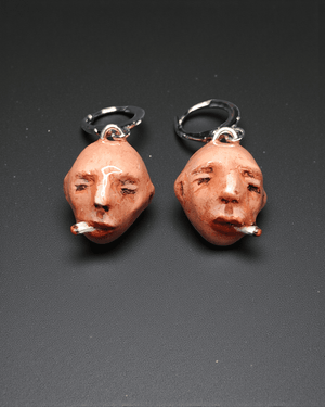 Twins Smoking Cigar Earrings – Handmade Clay & Resin Surreal Statement Jewelry, Sculptural Fantasy Wearable Art with Sterling Silver S925 Hooks - SAMA